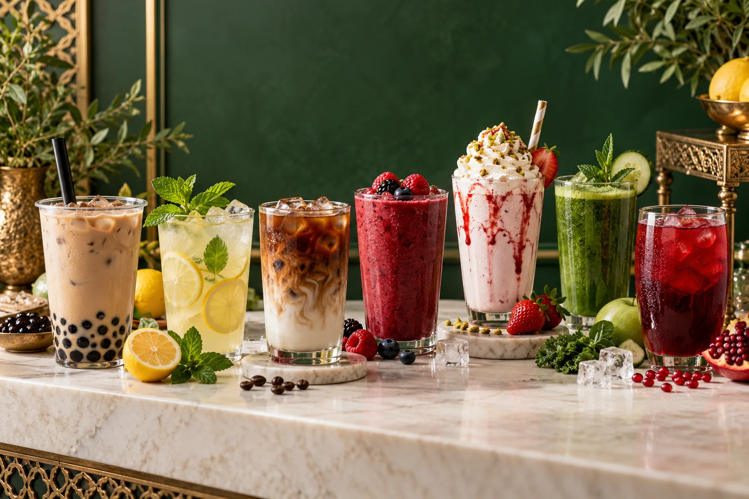 Festival içecek barında soğuk kahve, limonata ve meyveli içecekler
