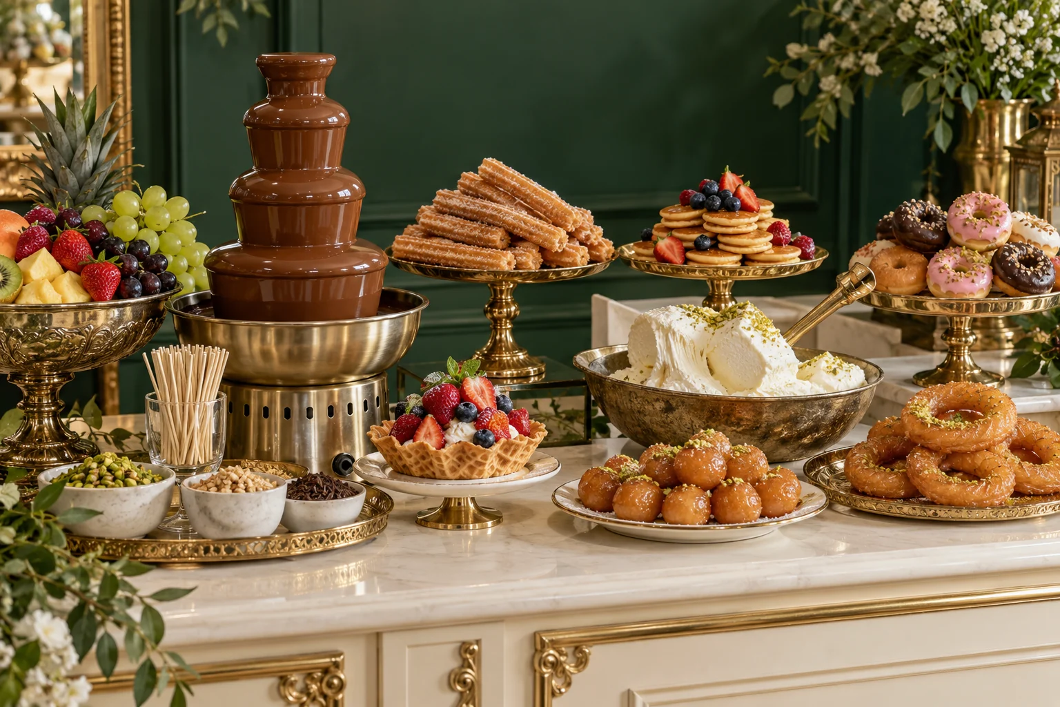 Festival tatlı istasyonunda waffle, dondurma ve tatlı sunumları